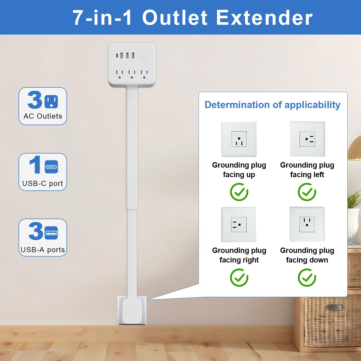 Electrical Outlet Extender Stick,Extendable Socket Features 3 USB-A,1 USB-C and 3 AC Outlets,Electric Outlet Extender,Rotates 180°,Extends