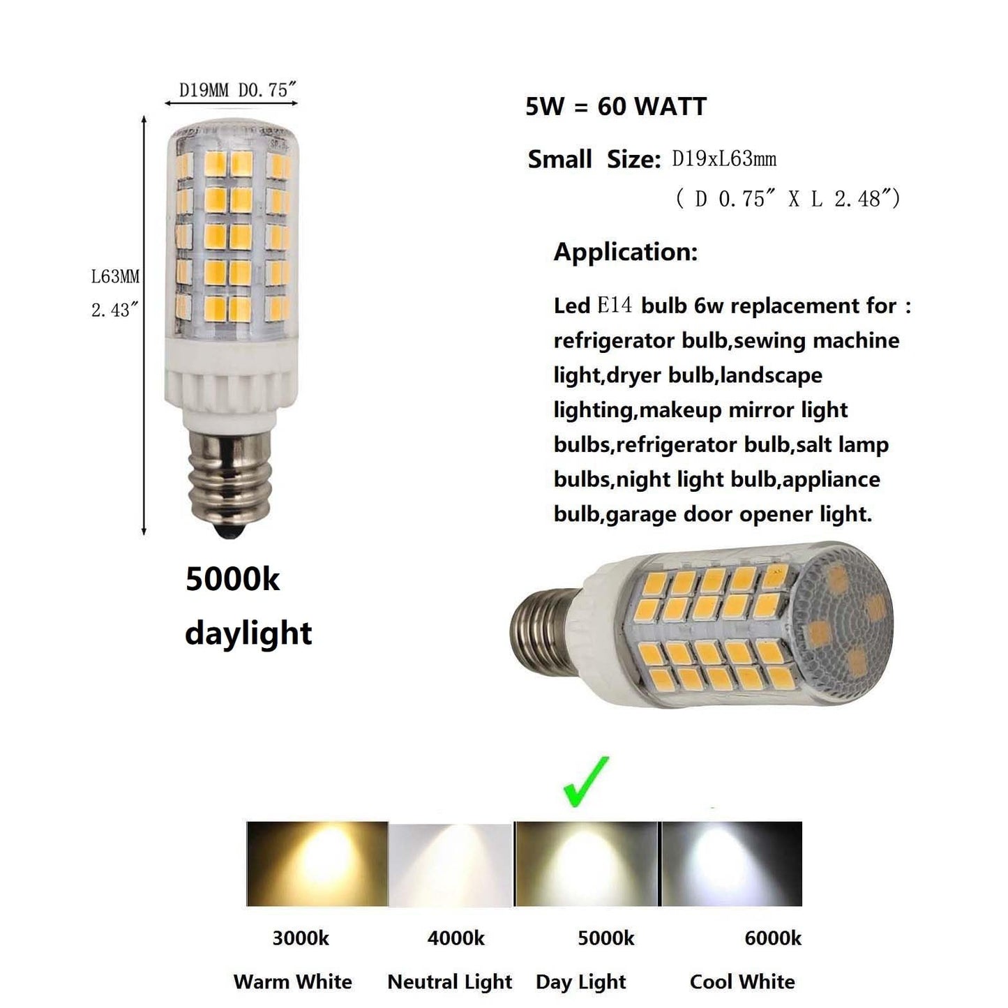 WELESHEI LED E14 Microwave Bulb 5W Equivalent 60 W for Appliance Ceiling Fan Sewing Dryer Fridger Dispenser Chandelier Light E14 European Base Bulb
