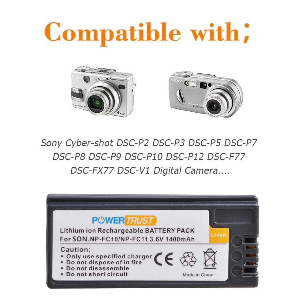 PowerTrust 1400mAh 3.6V NP-FC11 NP-FC10 Battery and LED USB Charger for Sony DSC-P2, P3, P5, P7, P8, P9, P10, V1 Cameras
