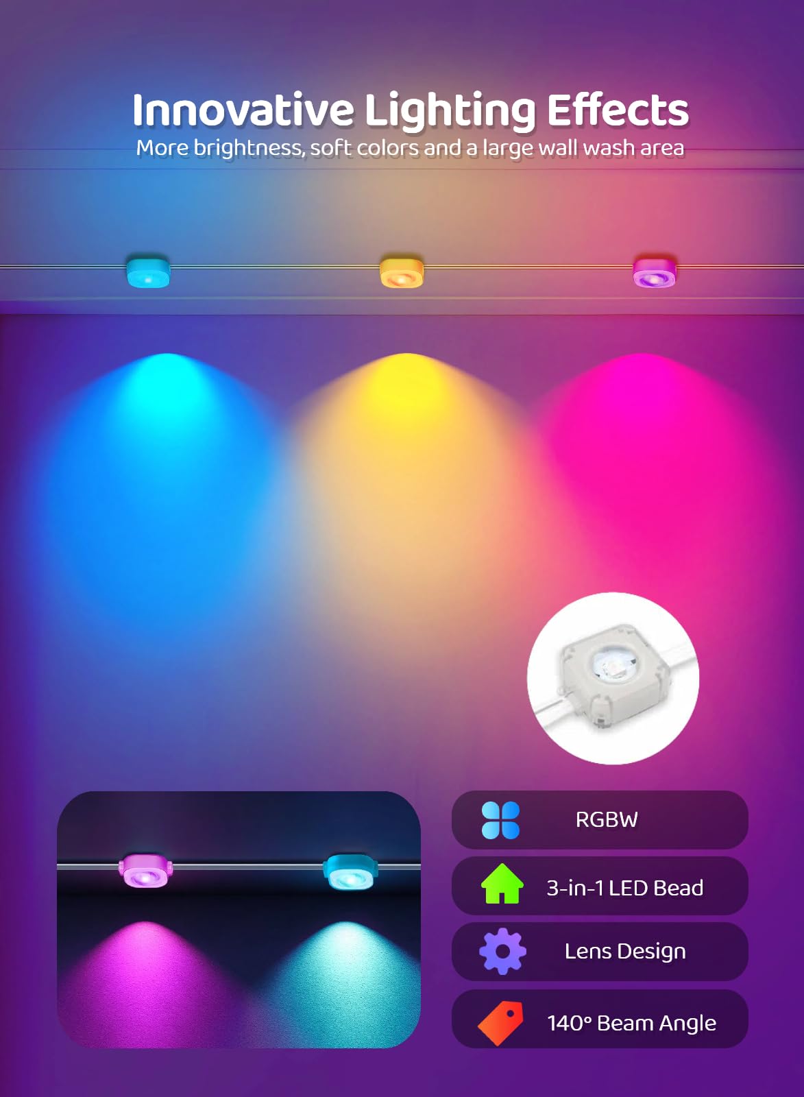 Gaoxun 50ft Permanent Outdoor Lights, RGBW Smart Outside Lights with 30 LED, APP/Remote Control, Dimmable, 47 Scene Modes, Timer, IP67 Waterproof