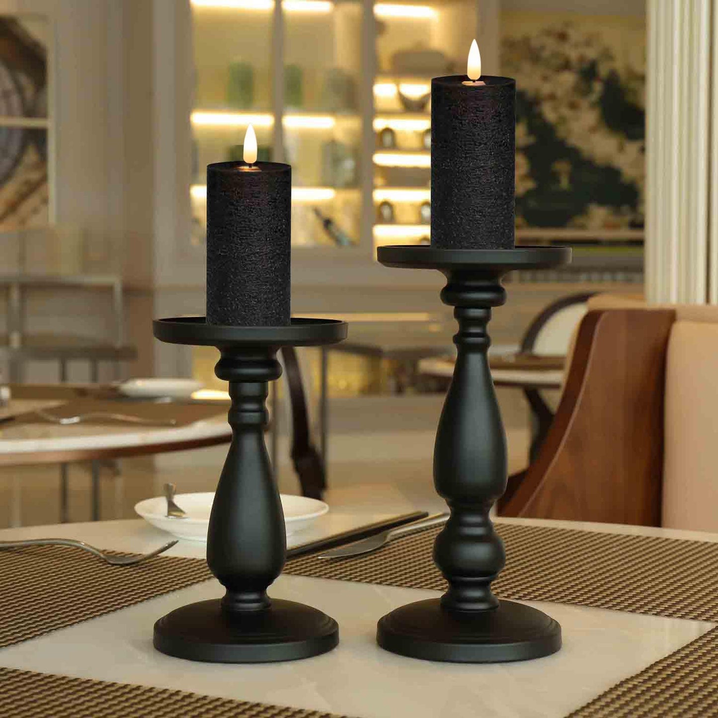 volnyus Black Flameless Candles Set of 2 (2.2x5 inch) Real Wax Flickering LED Candles Battery Operated with Remote Control Timers for Table