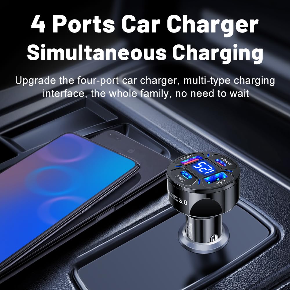 Alanph Multi Port USB C Car Phone Charger Adapter with Voltmeter, 4 in 1 100W Fast Charging Cigarette Lighter USB Charge for iPhone 16 15 14 13 12 11