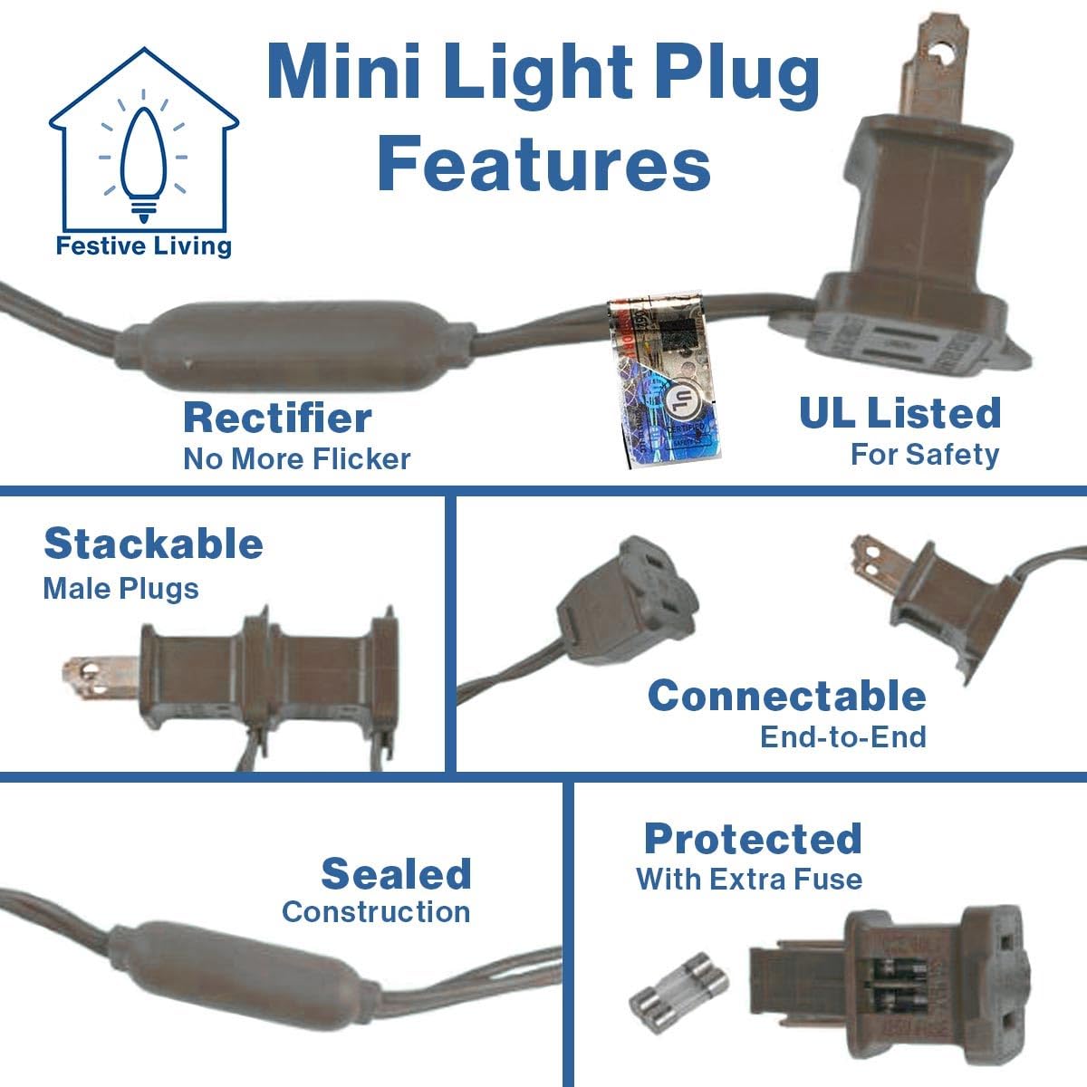 Festive Living 50 Warm White Wide Angle LED Mini Lights on Brown Wire - 25 ft Commercial Grade, 5mm Concave LEDs, Full Wave No-Flicker, Connect 43