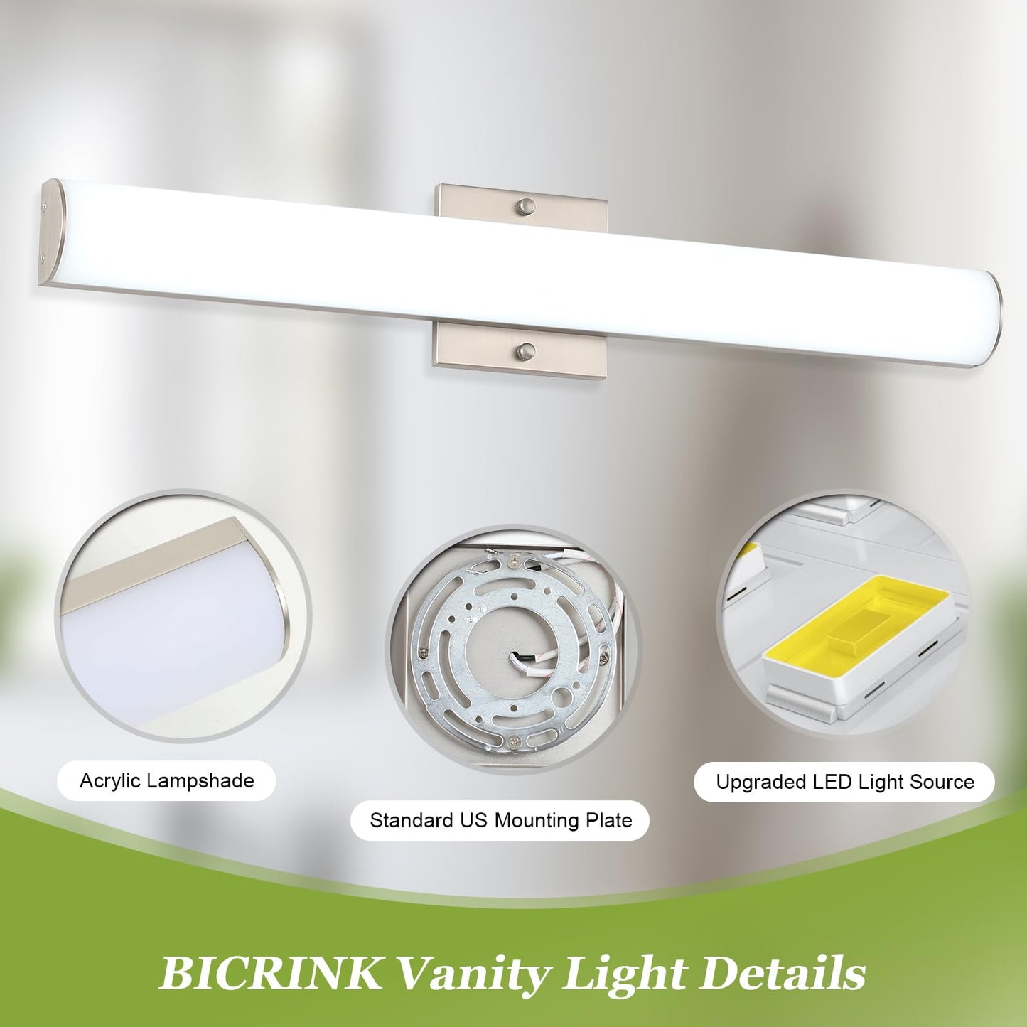Bicrink 24 Inch Brushed Nickel Vanity Light, Dimmable, 24W Modern Bathroom Vanity Light Fixture Over Mirror, Cool White 5500K Wall Sconce Lighting