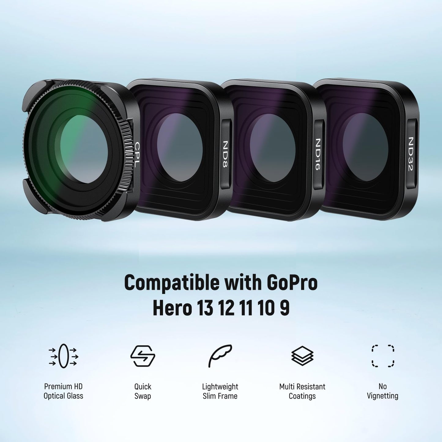 NEEWER ND Filter Set Compatible with GoPro Hero 13 12 11 10 9, 4 Pack (ND8 ND16 ND32 CPL) Multicoated HD Neutral Density Polarizer Action Camera Lens