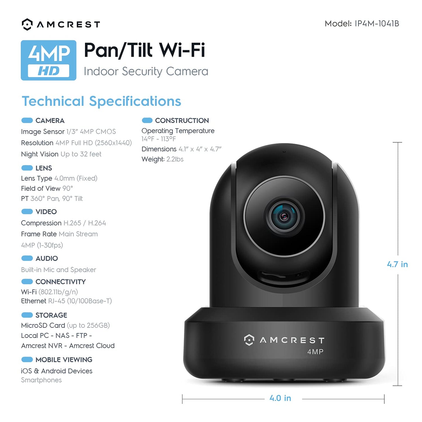 Amcrest 4MP ProHD Indoor WiFi Camera, Security IP Camera with Pan/Tilt, Two-Way Audio, Night Vision, Remote Viewing, 2.4ghz, 4-Megapixel @30FPS, Wide