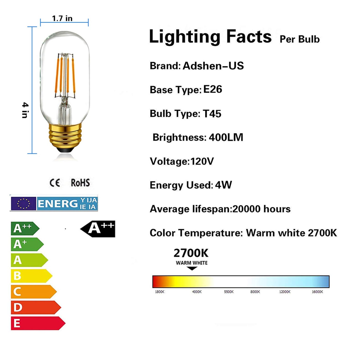 Adshen-US T14 / T45 LED Tubular Bulb 4W 2700K Warm White,E26 Dimmable Vintage Bulb,40W Equivalent 400 Lumens, Antique Edison Style LED Filament Light
