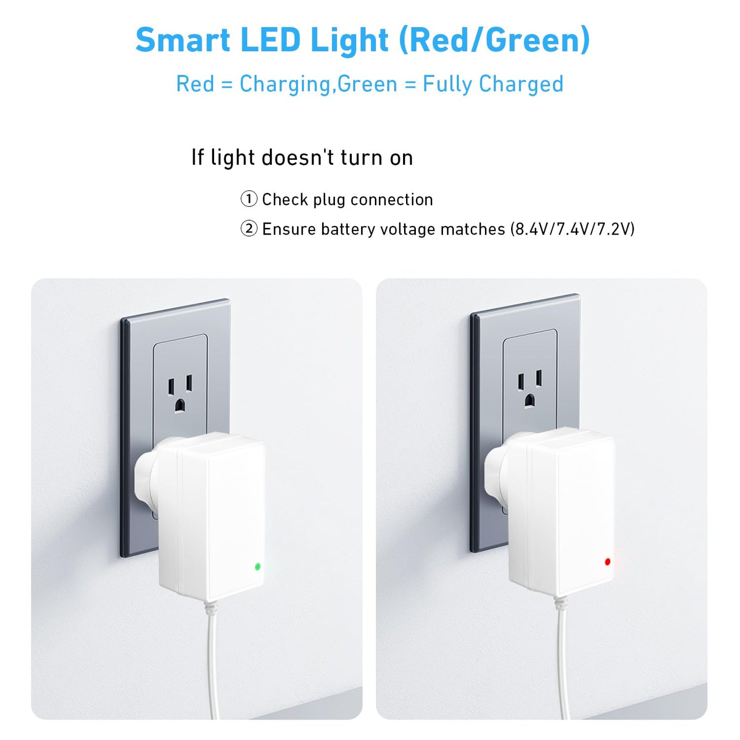 Rollerhouse 8.4V 1A Li-ion Battery Charger Power Adapter for 7.2V,7.4V 8.4V Device, with LED Indicator 3.5x1.35mm Male Plug Connector, L=118", White