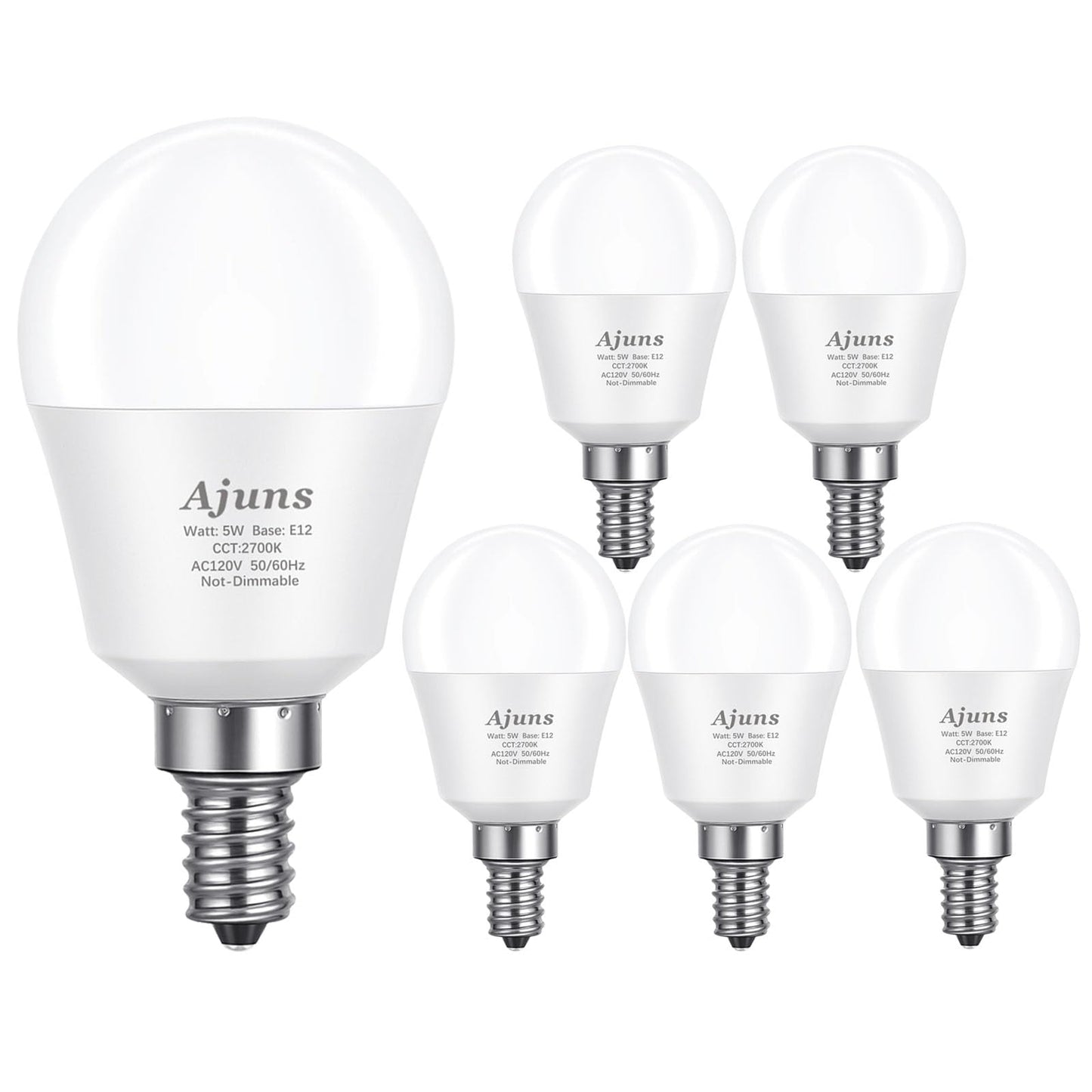 Ajuns 5Watt (40W Equivalent) LED Bulbs, E12 Small Base Ceiling Fan Light Bulbs,450 Lumen,Warm White 2700K, 120V A15 LED Bulb Globe Shape,Non Dimmable