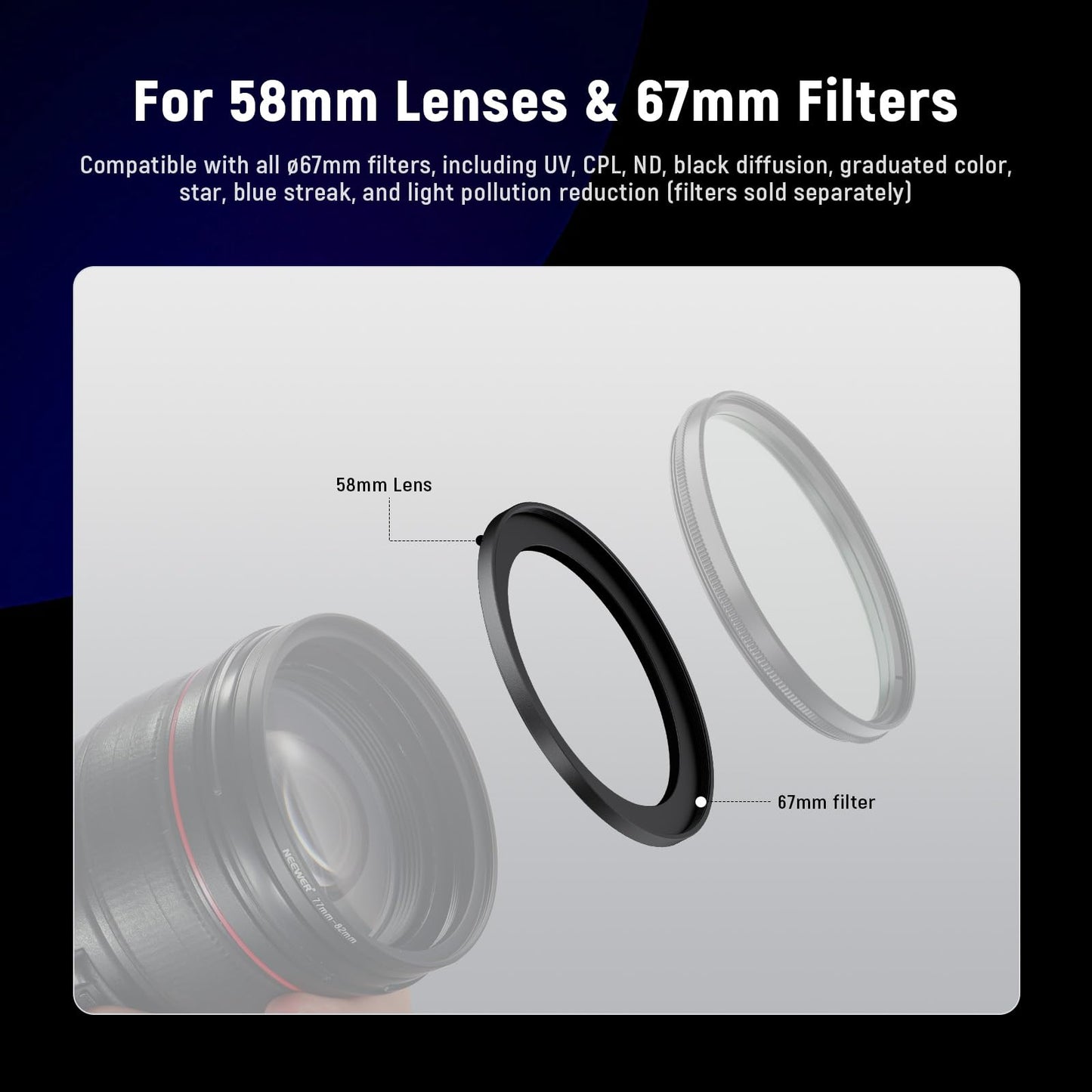 NEEWER 58-67mm Step Up Ring Adapter (2 Pack) with Cleaning Cloth, Ultra Slim Aluminum Alloy Lens Filter Adapter Ring for 58mm Camera Lens to Use 67mm