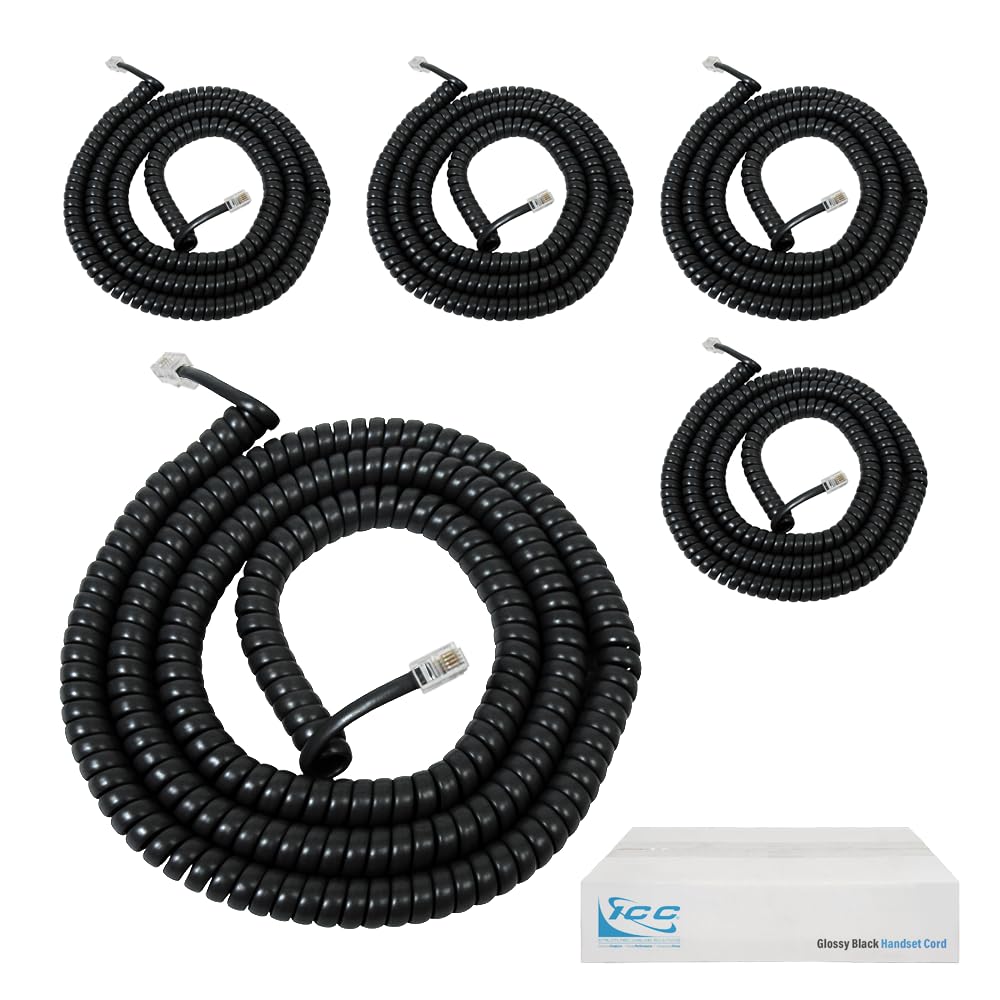 ICC Telephone Handset Cord/Phone Cord, 25 Ft - RJ9 (RJ22) Connectors, Glossy Black, 5-Pack - Curly Coiled Tangle-Free Design for PBX & VoIP Phones