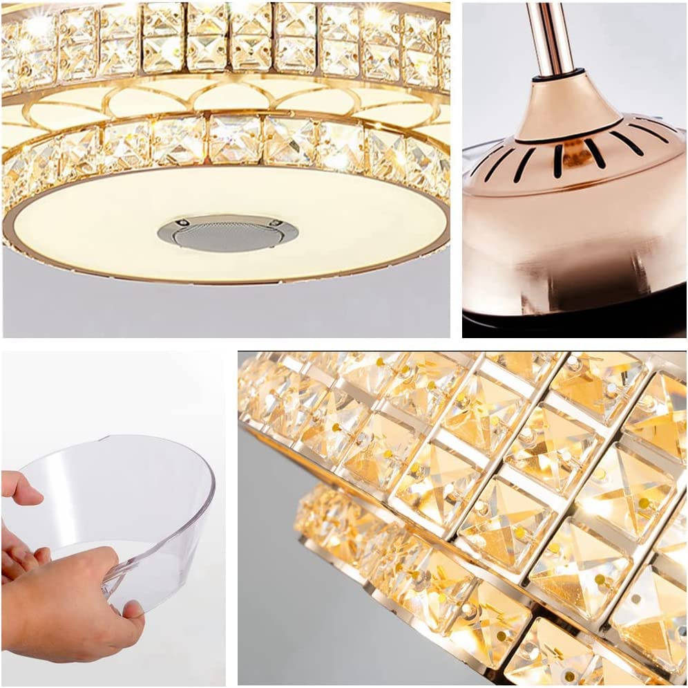 efperfect 42in Bluetooth Ceiling Fan with Lights Remote Control, Crystal Fandelier Retractable Blades LED Chandelier with Music Speaker Fan Fixtures