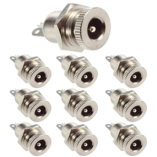 5.5 x 2.1mm DC Power Jack Socket, Threaded Female Panel Mount 2 Pin Barrel Connector, 10 Pack