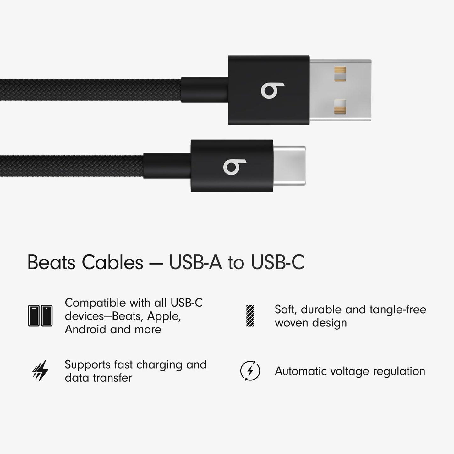 Beats USB-A to USB-C Woven Cable Fast Charging Durable and Tangle-Free Design Compatible Charger for Apple & Android Devices (1.5 m, 5 ft) - Bolt