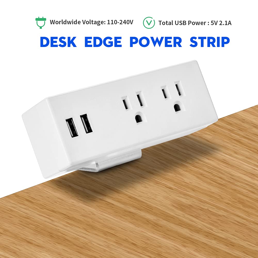 Desk Edge Power Strip with USB Ports Desktop Clamp Power Outlets Mountable Under Desk Power Socket 6'56 Feet Extension Cord ETL Certified (White)