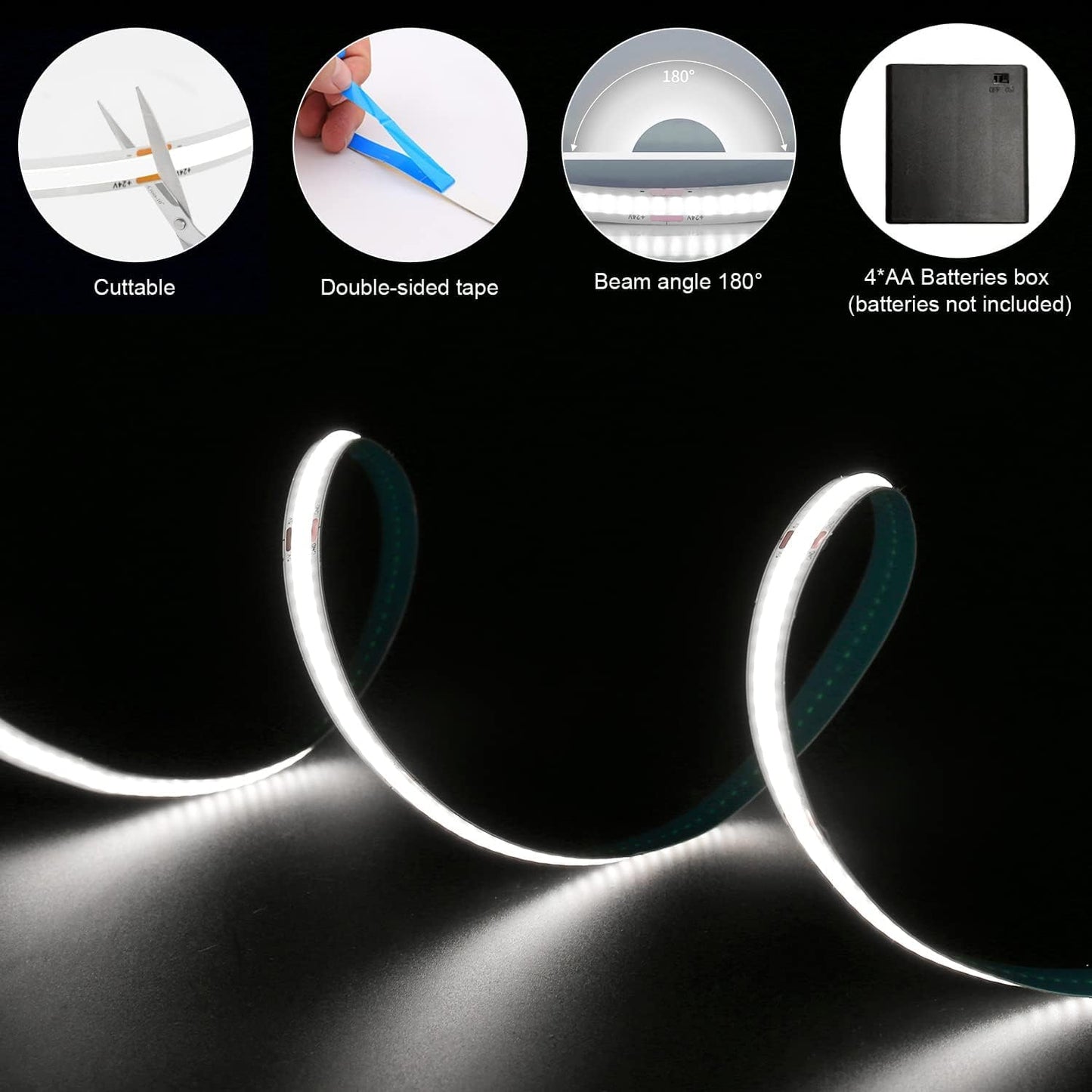Smacen Battery Powered COB Led Strip Lights, 3.28Ft Battery Operated 6000K Cool White LED Strip Lights, High Brightness Flexible LED Tape Lights