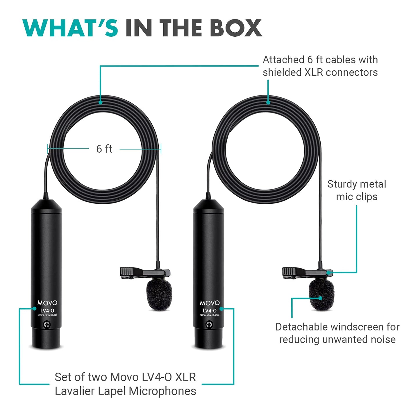 Movo LV4-O2 XLR Phantom Power Omnidirectional Lavalier Microphone Set, with Lapel Mic Clips and Windscreens - Perfect Lapel Microphone for Video