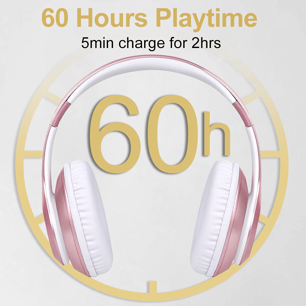 Prtukyt 9S Bluetooth Over-Ear Headphones, CVC 6.0 Noise Cancelling Mic, 60 Hrs Playtime, Hi-Fi Stereo Deep Bass, Foldable, Rose Gold