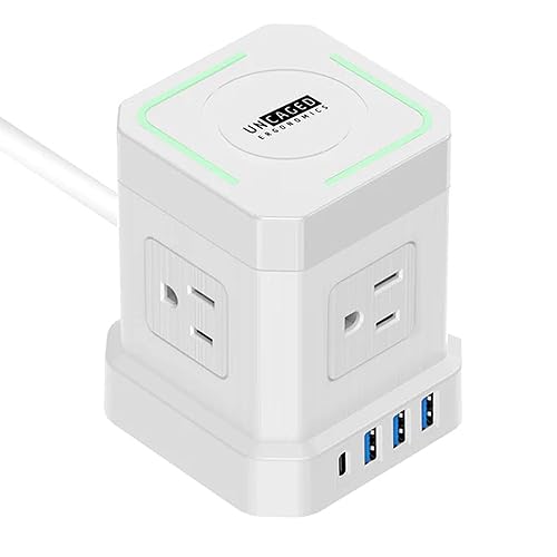 Uncaged Ergonomics Wireless Cube Charger & Power Strip with USB Ports, Surge Protection, 10ft Extension Cord with Wireless Charger, 4 AC Plugs & 3 USB