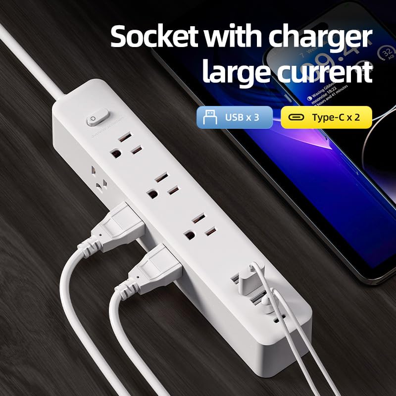 5 FT Power Strip Outlet Extender Surge Protector 3 Sided with Extension Cord 9 AC Outlet 5 USB Ports (2 USB C) Desk Charging Station for Home College