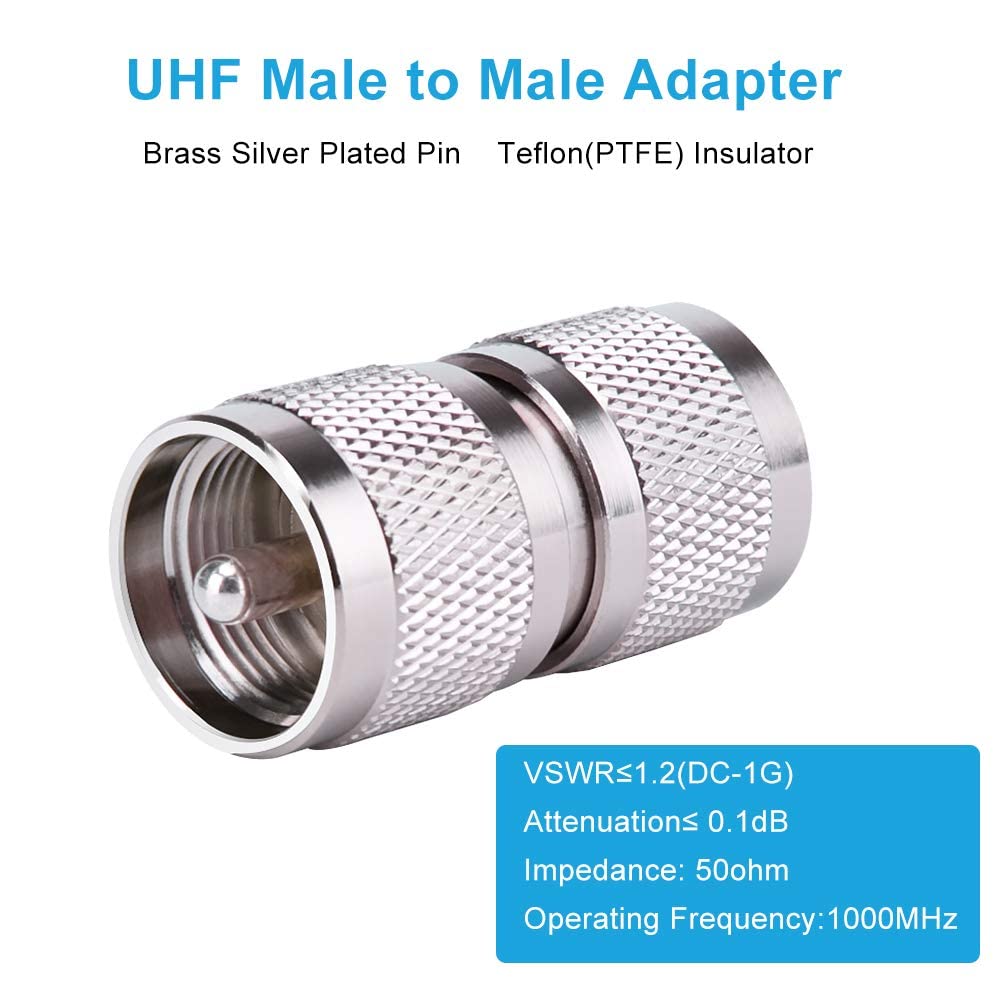 MOOKEERF 2PCS UHF PL259 Male to Male Adapter Low Loss UHF PL-259 Connector