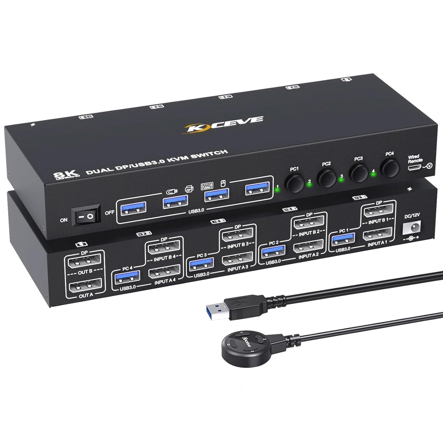4 Computers KVM Switch, Reyoten DP KVM Support 2 Monitors 8K@60Hz USB 3.0 Switches Share Dual Monitors and 4 USB 3.0 Ports, with DC 12V Adapter &