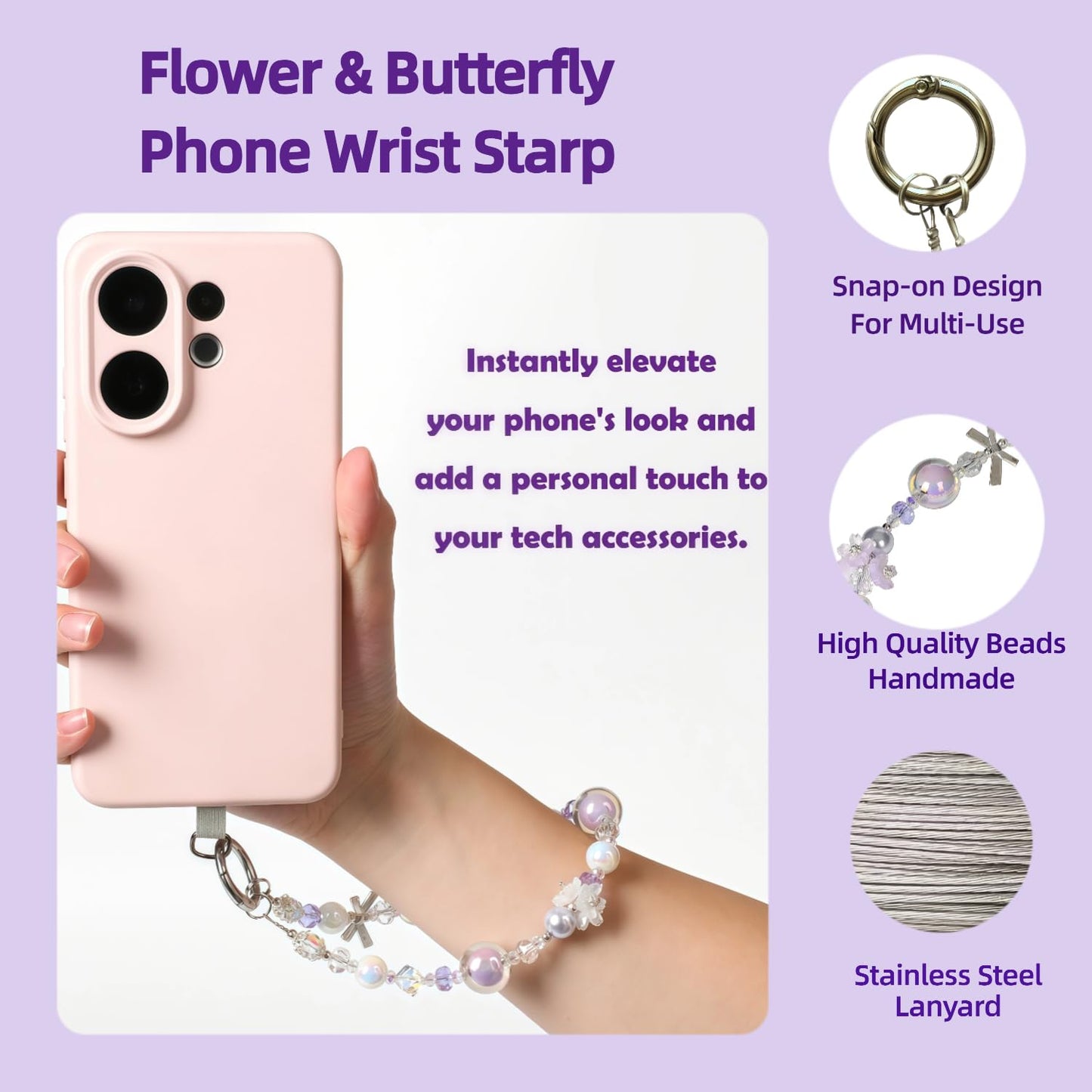 NUANJUYU Handmade Flower & Butterfly Phone Wrist Strap Lanyard - Detachable Anti-Drop Strap with 2 Tether Tabs & Mini Cord - Sparkling Rhinestone