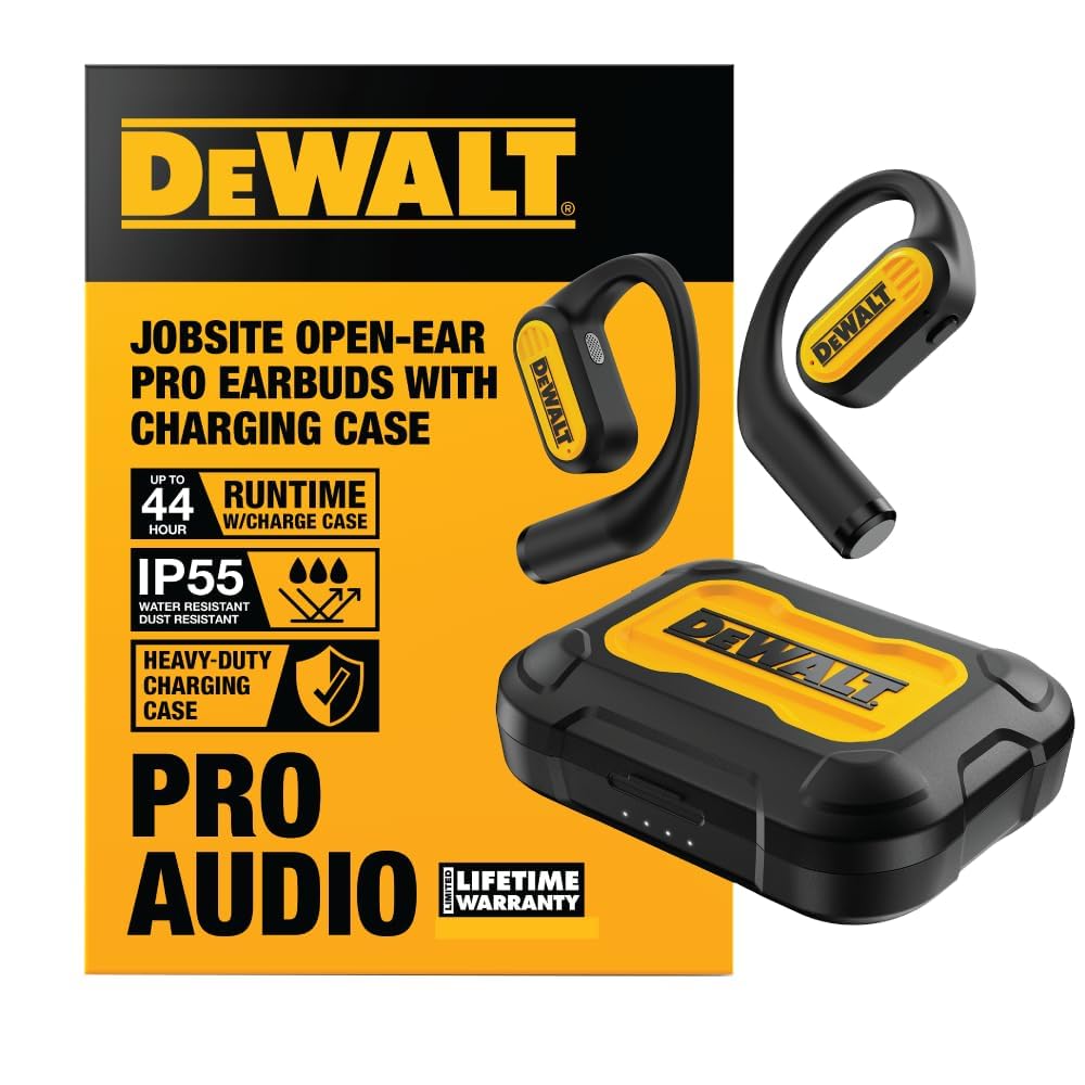 DEWALT Heavy Duty Open Ear Headphones, Bluetooth 5.3 Wireless Earbuds IP55, 44Hrs Runtime, Jobsite Premium Sound True Wireless Air Conduction Open…