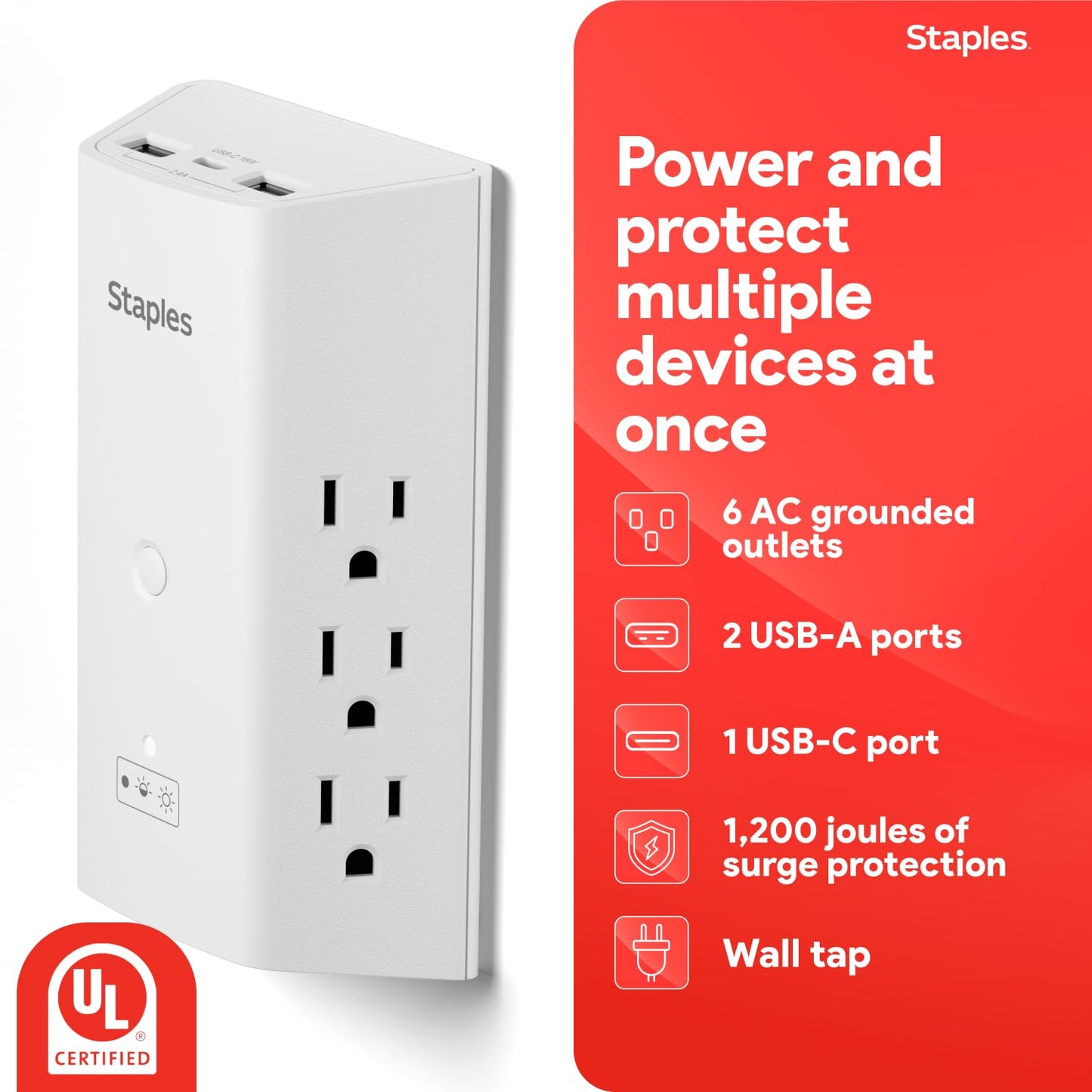Staples TECH 6-Outlet Surge Protector, Wall Mountable with 2 USB-A & 1 USB-C Port - 1200 Joules, White, Ideal for Home & Office