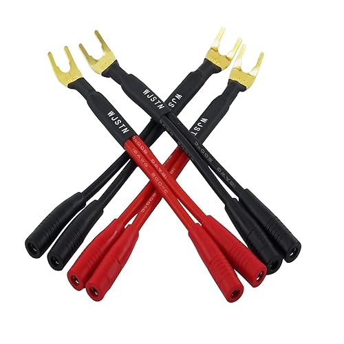 WJSTN-012 3-in Spade Plug to Two Dual 4mm Banana Plug Audio Cable adapters ?45 Degree Type Y Plug Speaker distributors 4-Pack