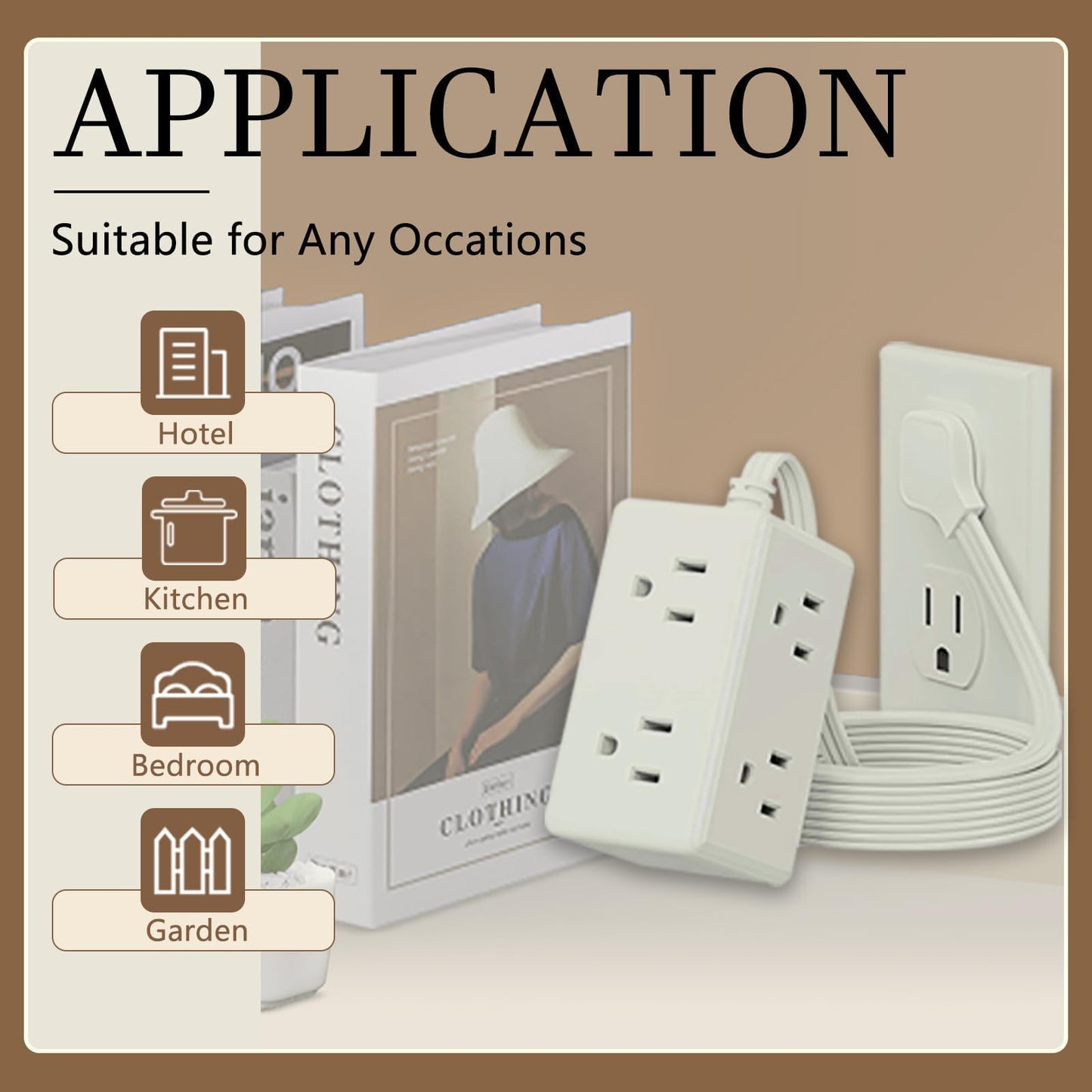 Flat Plug Power Strip, 5Ft Extension Cord with Multiple Outlets, 3 Sided Outlet Extender Charging Station, 6 Outlets Charging Ports, Wall Mount,