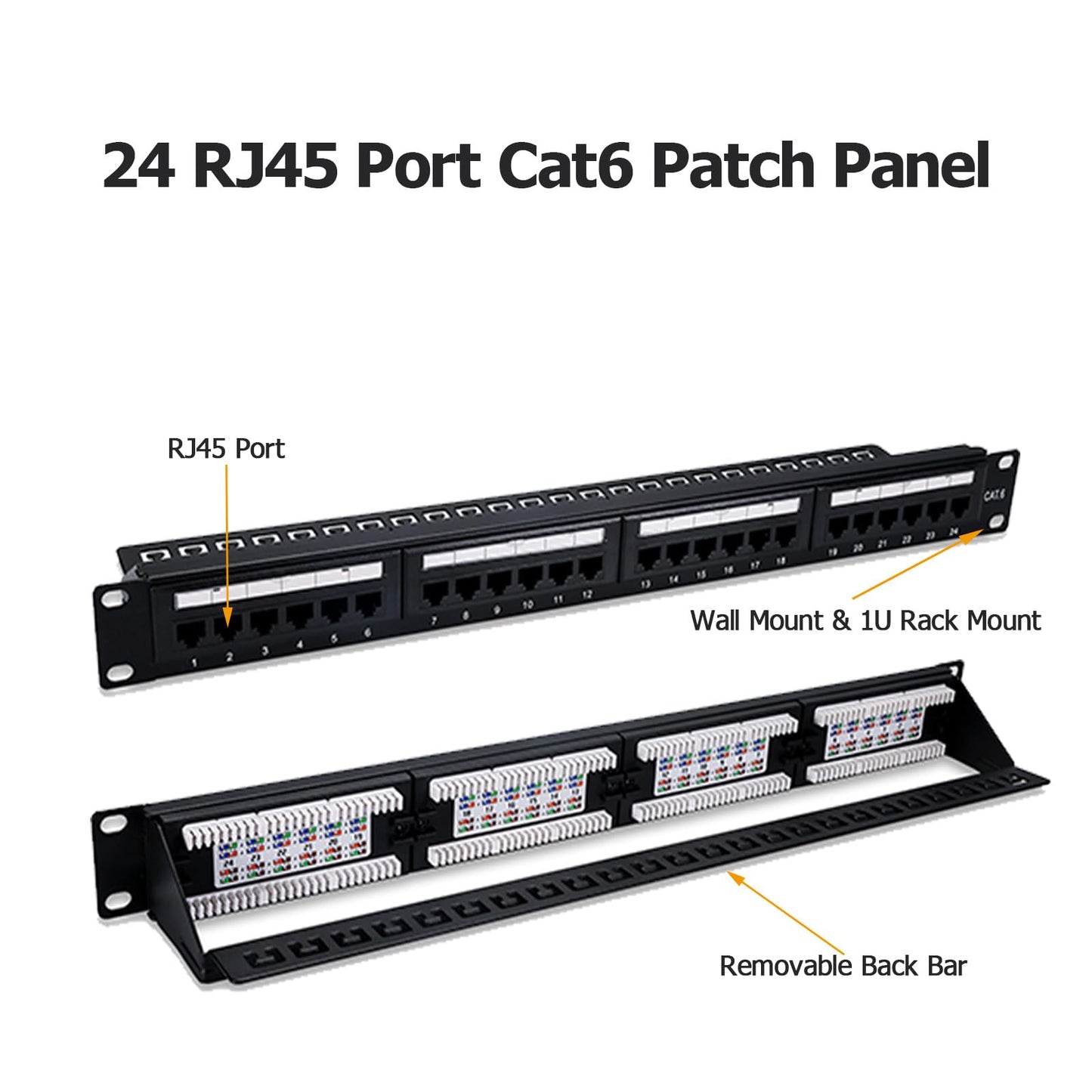 6COM 6COMGIGA 24 RJ45 Port Cat6 Patch Panel with Removable Back Bar,Support 110 & Krone Terminations,1U 19 Inch Network Patch Panel for Cat6, Cat5e