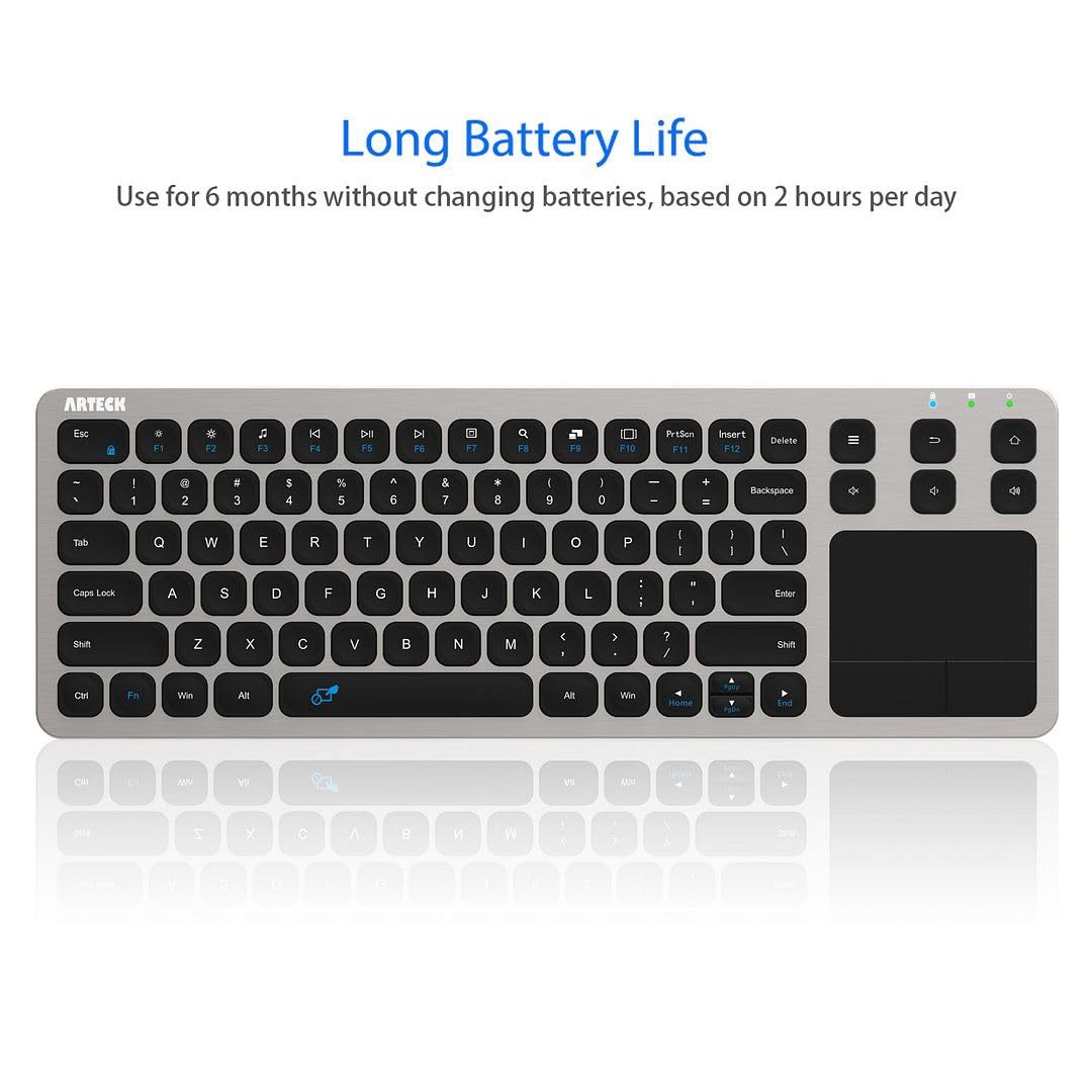 Arteck 2.4G Wireless Touch TV Keyboard with Easy Media Control and Built-in Touchpad Mouse Solid Stainless Ultra Compact Full Size Keyboard -Connected