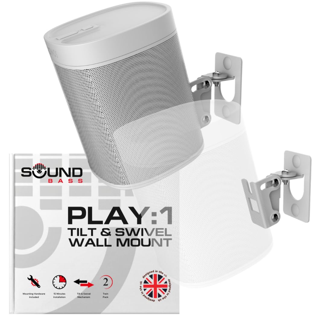 Sound Bass Play 1 Wall Mount, White, Pair, Compatible with Sonos Play:1 Only, Twin Pack, Adjustable Swivel & Tilt Mechanism, 2 Mounting Brackets