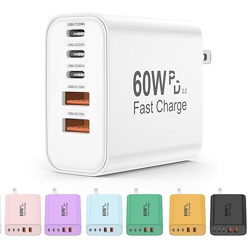 USB C Charger Block, 5 in 1 60W Charging Blocks, PD 3.0 25W Single Max Fast Charger, QC 2A USB Wall Charger for iPhone 17 16 15 14 13 12 Pro Max