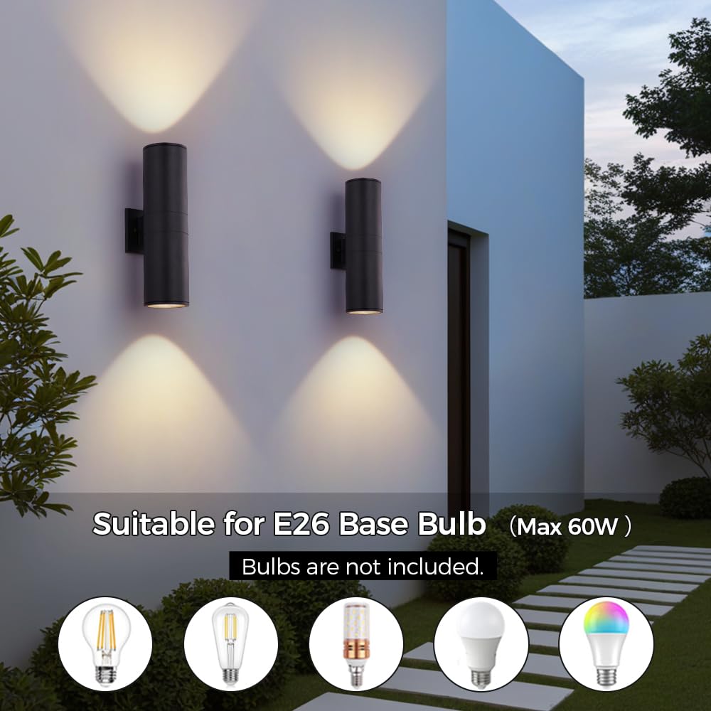 Cerdeco 15" Black Modern Outdoor Wall Light 2 Pack,Cylinder Up Down Aluminum Exterior Wall Sconce for House Porch Garage Patio Doorway Entryway,ETL