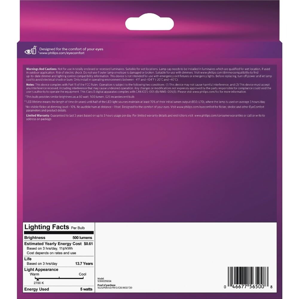 Philips 565000-5G25/PER/UD/FR/G/E26/WGD 4/2PFT20 G25 Globe LED Light Bulb