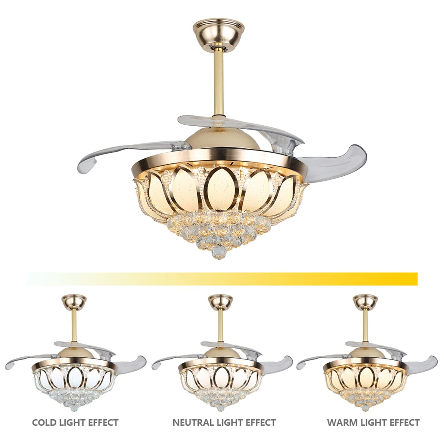 Gdrasuya10 42 Inch Modern Crystal Ceiling Fan Light & Remote, LED Chandelier, with Reverse 4 Invisible Retractable Blade 3 Colors, 3 Speeds, Dimmable