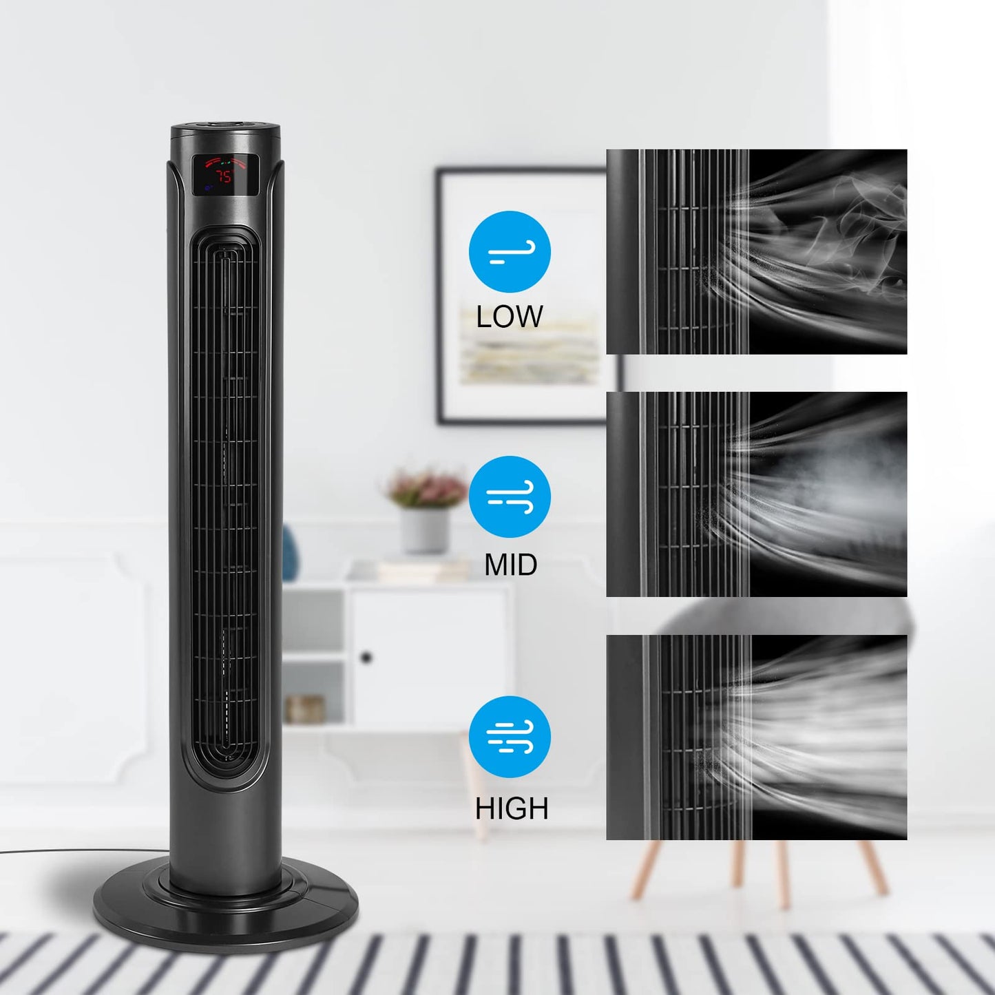 Simple Deluxe 36-Inch Oscillating Tower Fan for Bedroom with Remote Control LED display and 3 Speeds, 3 Modes, 15H Timer, Quiet Fan for Indoor Home