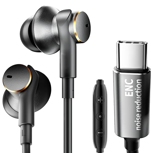 USB-C Earbuds with Noise Cancellation,Hybrid Driver Deep Bass Wired Headphones with Type C Plug Noise-canceling Mic Calls Compatible with iPhones 17…