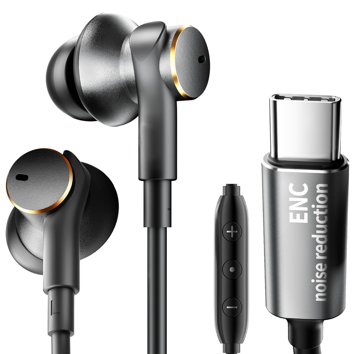 USB-C Earbuds with Noise Cancellation,Hybrid Driver Deep Bass Wired Headphones with Type C Plug Noise-canceling Mic Calls Compatible with iPhones 17…