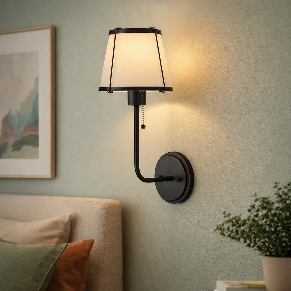Hinkley Clarke Single Light Wall Sconce, Off-White Linen Tapered Shade, Traditional, On/Off Pull Chain, Black Finish
