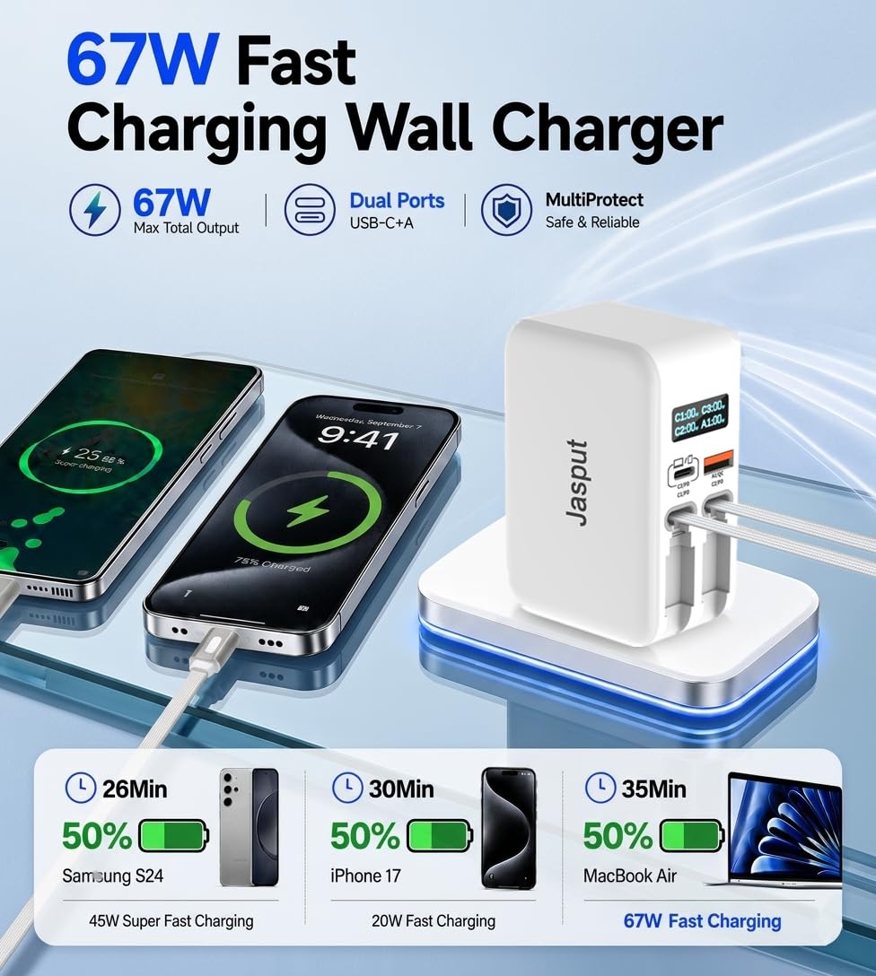 Jasput 67W Retractable Wall Charger, 4in1 GaN Fast Charger with 3.3FT Built-in USB-C & for iPhone Cables, LED Display, Foldable Travel Charger