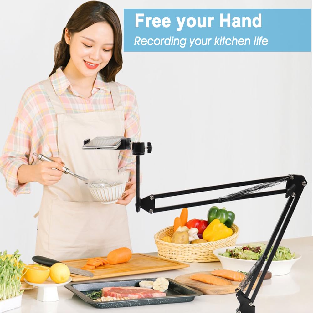 Overhead Tripod Mount for Camera Webcam Ring Light, Long Over Head Articulating Arm with Phone Holder and Ball Head, Desktop Lazy Arm Clamp Phone