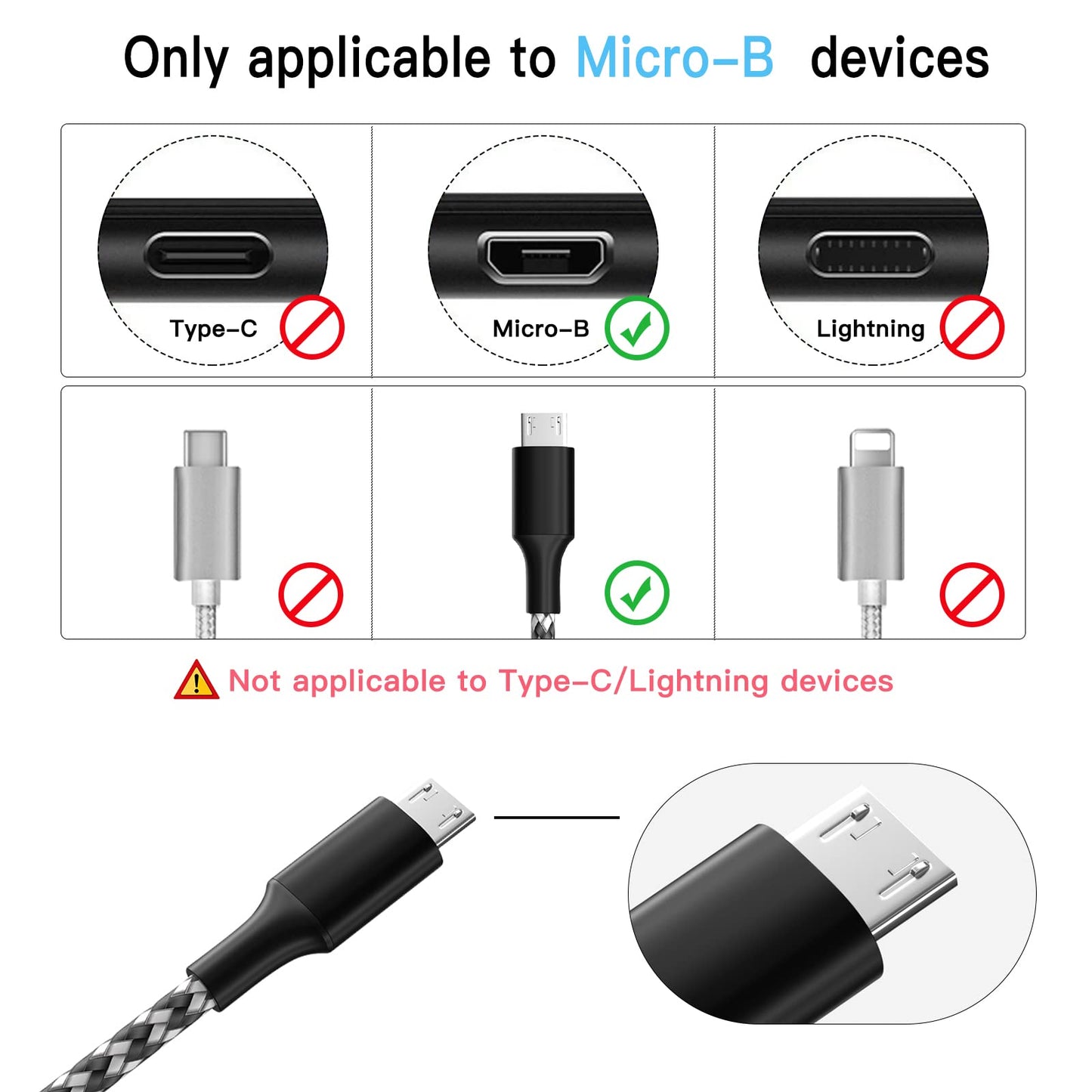 Oillgle Micro USB Charging Cable 10/10/10FT, 3 Pack Nylon Braided Charger Cables Black&White