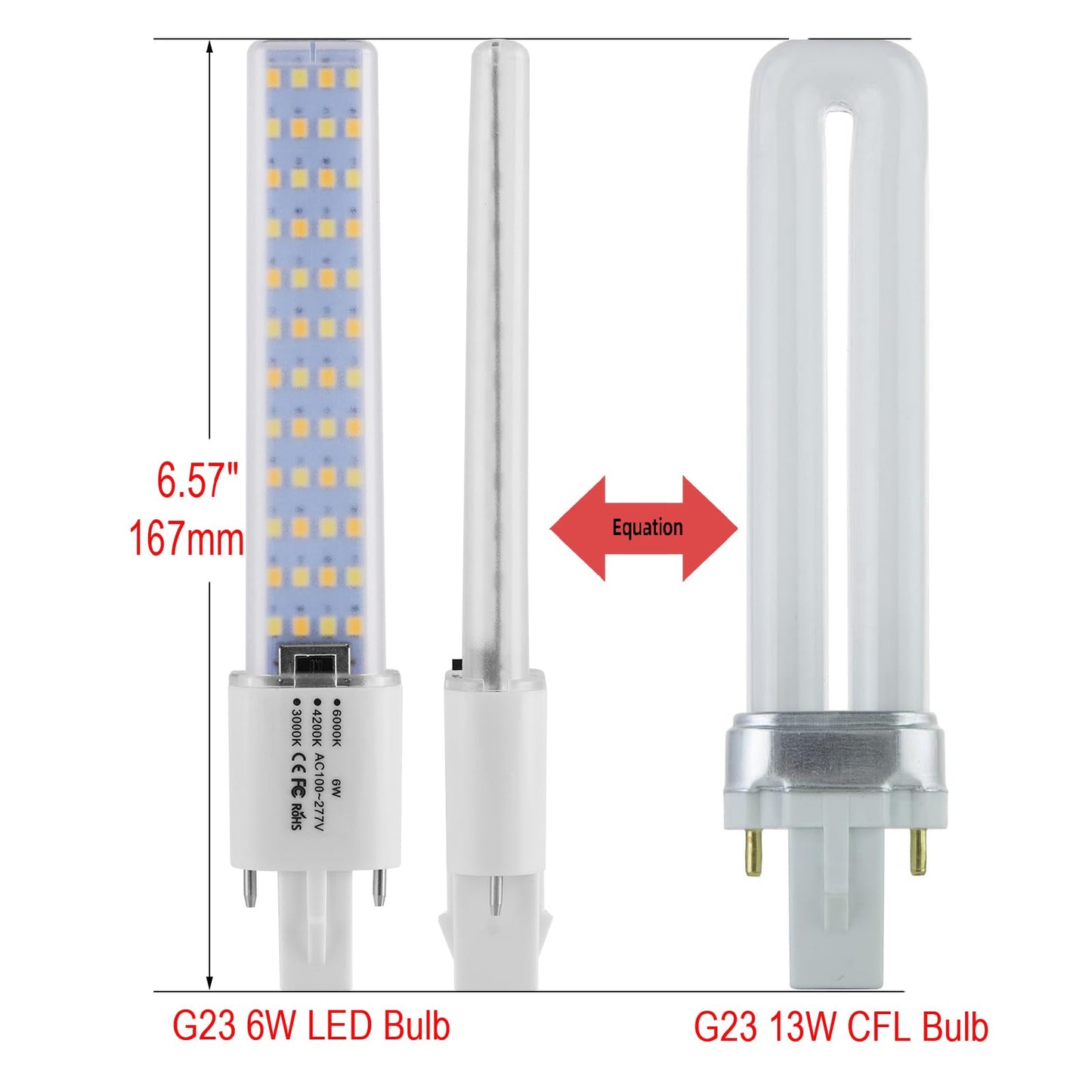 Lidesheng G23 LED Light Bulb 6W Replacement 13W CFL LED Stick PL Bulb G23-2 Pin Base, 3 Color Selectable 3000K/4200K/6000K 360° Beam Angle, Driven by