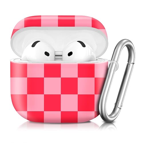 Compatible with AirPod 4th Generation 2024 Case, Shockproof Anti-Drop Protective Cover, Cute Case for Women Men with Keychain(Pink Red Plaid)