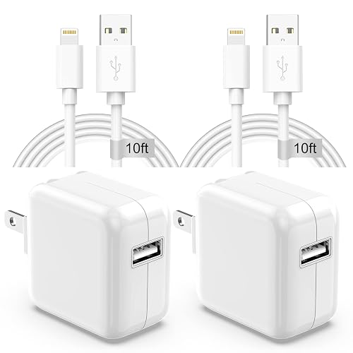 Apple iPad Charger Wall Charger and Cord 10 ft 2Set,12W iPad Fast Charging Block and Cord 10 ft Apple Certified Lightning Cable for iPad 7th 8th 9th