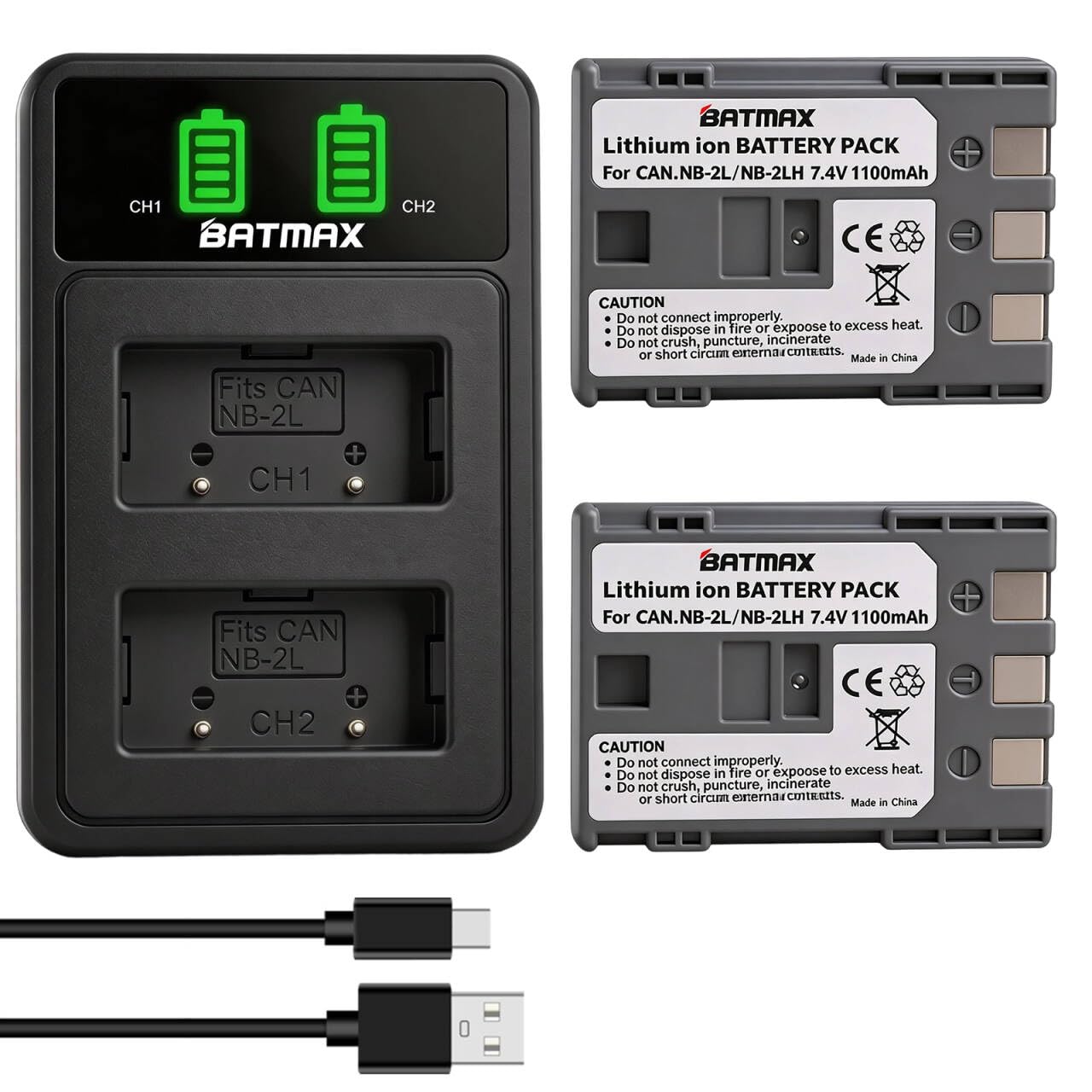 Batmax 2Pcs NB-2L NB-2LH Battery + Dual USB LED Charger for Canon PowerShot G7 G9 S80 S70 S60 S50 S45 S40 S30, Canon DC410 DC420 EOS 350D 400D Digital