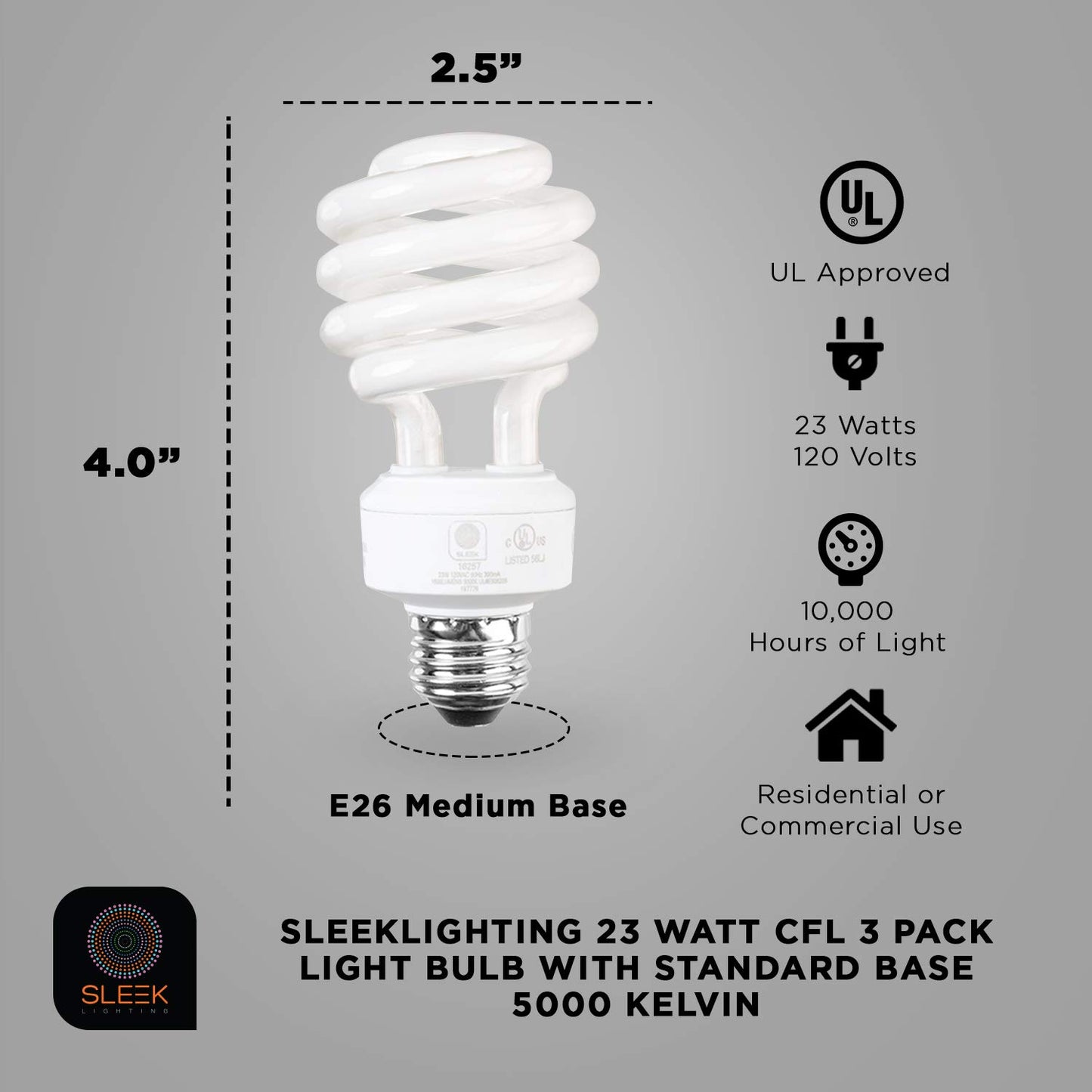 SLEEKLIGHTING E26 Standard Screw Base 23W Spiral CFL Light Bulb Daylight